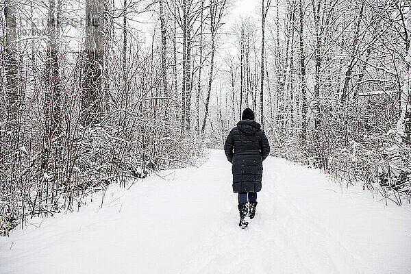 Unerkennbare Frau  die an einem Schneetag im Winterwald in Oberbekleidung spazieren geht
