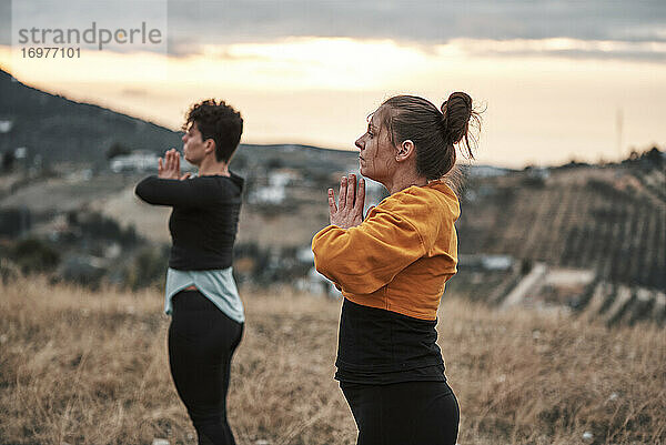 2 junge Frauen beim Pilates-Training auf dem Lande