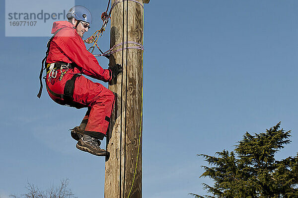 Mann klettert bei einer Hochseilübung auf eine Holzstange