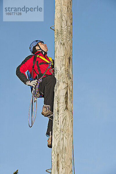 Mann klettert bei einer Hochseilübung auf eine Holzstange