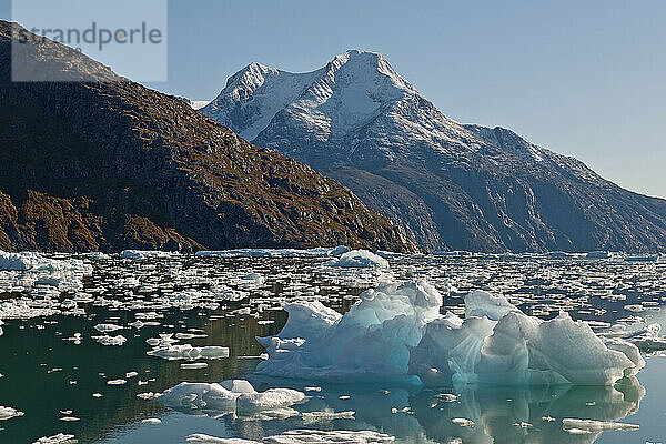 Fjord mit kleinen Eisbergen in Südgrönland