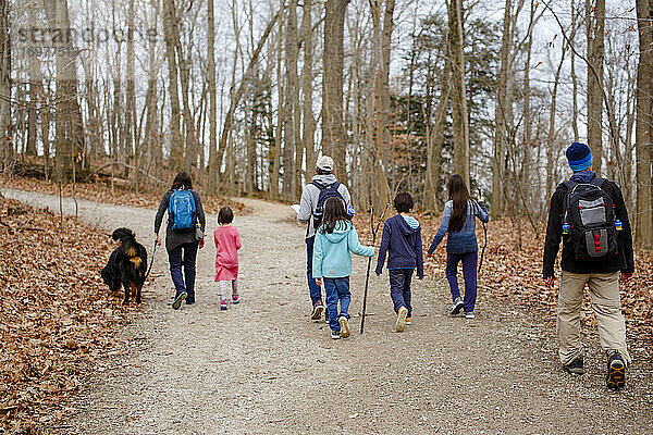 Eine ausgedehnte Familienwanderung mit Hund auf einem Schotterweg durch den Wald