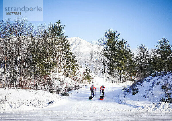 Zwei Männer fahren im Winter auf Skiern über eine Straße und schleppen Schlitten