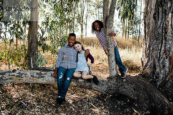 Geschwister posieren gemeinsam auf einem Baum im Park