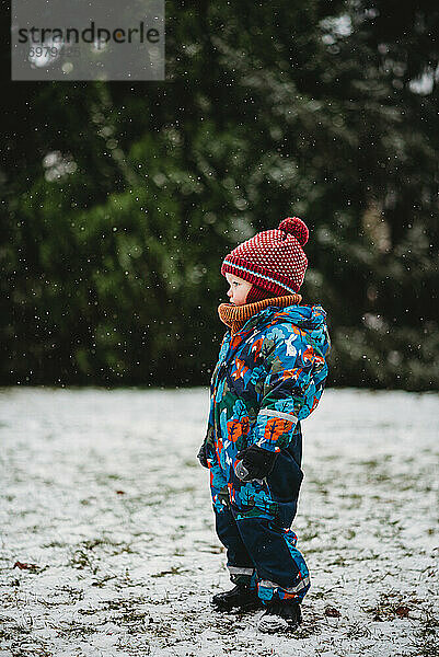 Profil eines bezaubernden kleinen Kindes im Park an einem verschneiten Tag in Winte