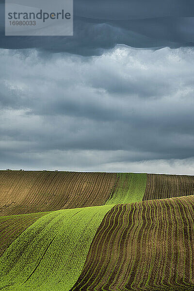 Landschaftliche Ansicht von hügeligen Feldern in der Nähe von Kyjov mit dramatisch bewölktem Himmel  Bezirk Hodonin  Südmährische Region  Mähren  Tschechische Republik