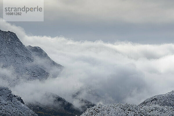 Berge zwischen Wolken mit verschneiter Landschaft im Winter