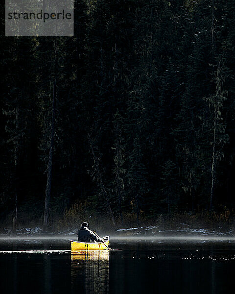 Robuster Abenteurer paddelt allein mit dem Kanu auf einem nebligen  ruhigen See im dichten Wald