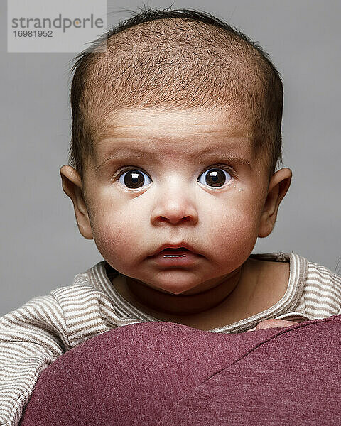 Studio-Porträt eines neugeborenen Jungen  der aufmerksam in die Kamera schaut