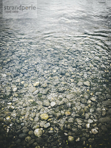 Plätscherndes Wasser und Steine und moosbewachsene Felsen auf dem Grund des Flussufers