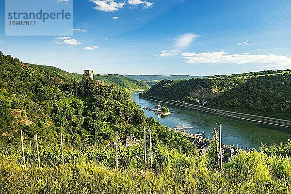 Aussicht auf Burg Gutenfels am Rhein  hinten Burg Pfalzgrafenstein  Kaub  Rheinland-Pfalz  Deutschland  Europa