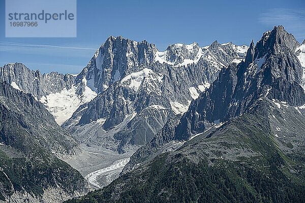 Gletscher Mer de Glace  Grandes Jorasses und Mont-Blanc-Massiv  Chamonix-Mont-Blanc  Haute-Savoie  Frankreich  Europa