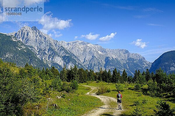 Wandererin am Katzenkopf  Weg zu den Rappenlöcher  mit Aussicht auf das Wettersteingebirge  Leutasch Tal  Leutasch  Tirol  Österreich  Europa