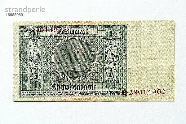 Geldschein über Zehn Mark  Reichsmark  10 RM  Rückseite  Reichsbanknote aus dem Jahre 1929  Weimarer Republik  Deutschland  Europa