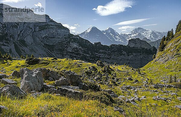 Alpenlandschaft  Eiger  Mönch und Jungfrau  Berggipfel  Jungfrauregion  Grindelwald  Kanton Bern  Schweiz  Europa