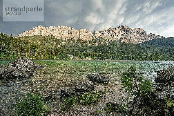 Felsen am Ufer  Eibsee vor Zugspitzmassiv mit Zugspitze  dramatische Mammatenwolken  Wettersteingebirge  bei Grainau  Oberbayern  Bayern  Deutschland  Europa