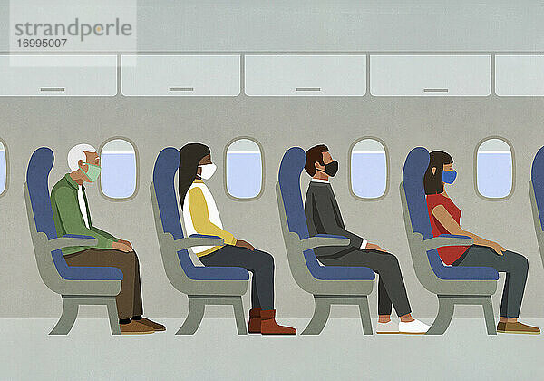 Passagiere mit Gesichtsmasken im Flugzeug