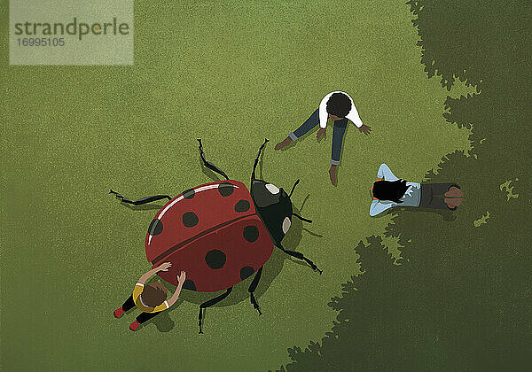 Kinder spielen mit großen Marienkäfer im Gras