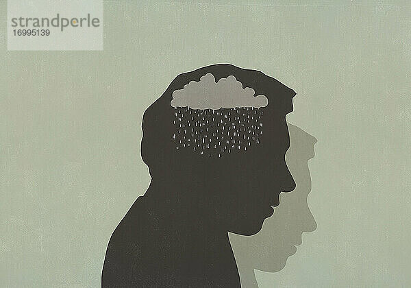 Silhouette eines traurigen Mannes mit Regenwolke im Kopf