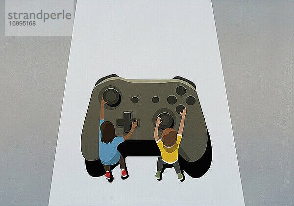 Junge und Mädchen spielen an großen Videospiel-Controller
