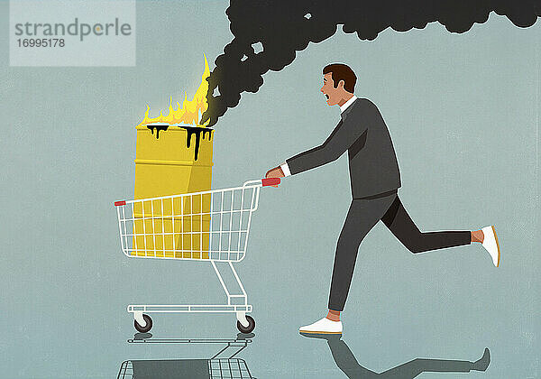 Geschäftsmann schiebt Einkaufswagen mit brennendem Ölfass