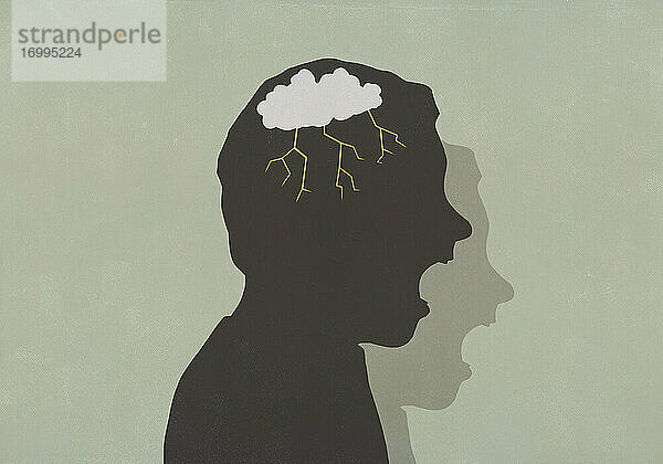 Silhouette wütender Mann mit Gewitterwolke im Kopf schreiend