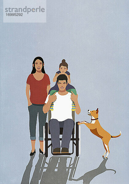 Porträt glücklicher Mann im Rollstuhl mit Familie und Hund