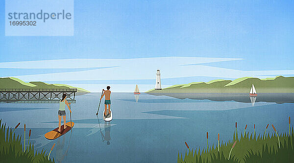 Paar Stand Up Paddleboarding auf idyllischen Sommer See
