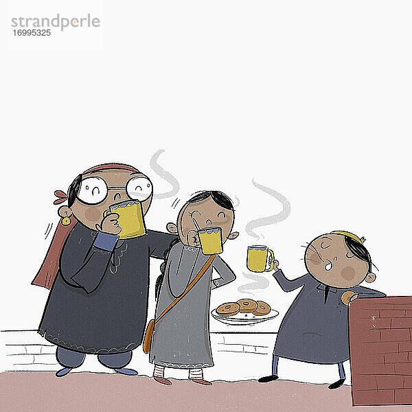 Kashmiri-Familie genießt mittags Chai-Tee