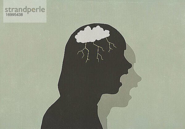 Profil Silhouette schreiende Frau mit Sturmwolke im Kopf