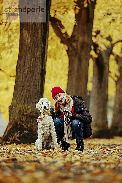 Teenager-Mädchen lächelt  während sie im Park bei einem Hund kauert