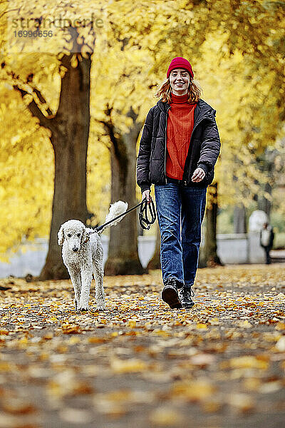 Lächelndes Teenager-Mädchen  das mit seinem Hund auf der Straße im Park spazieren geht