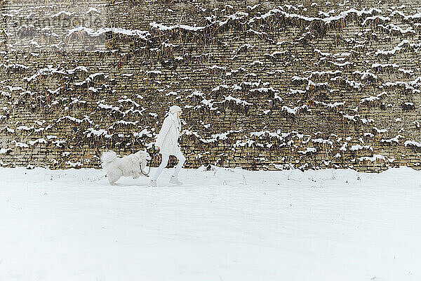 Junge Frau geht mit ihrem Hund im Schnee spazieren