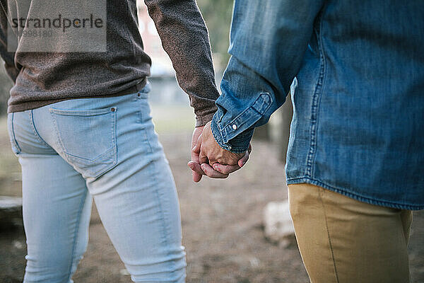 Homosexuelles Paar hält Händchen beim Spaziergang in einem öffentlichen Park