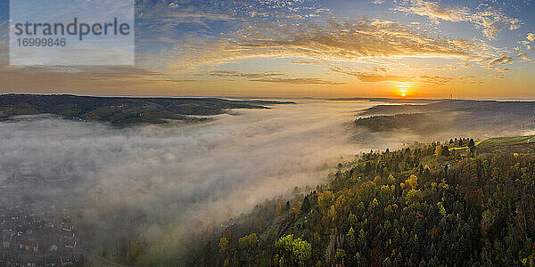 Drohnenansicht eines in dichten Nebel gehüllten Herbstwaldes bei Sonnenaufgang