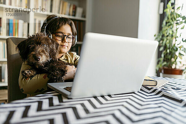 Junge  der seinen Hund hält  während er zu Hause am Laptop e-Learning betreibt