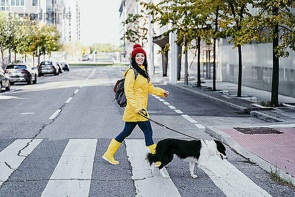 Lächelnde Frau mit Hund auf einem Fußgängerüberweg an einem sonnigen Tag