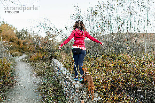 Mittlere erwachsene Frau mit ihrem Hund  die auf einer Stützmauer im Grünen spazieren geht