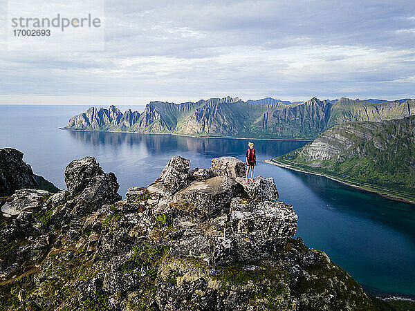 Wanderin mit Blick auf die Aussicht auf dem Berg Husfjellet  Senja  Norwegen