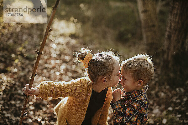 Schwester hält Stock und küsst Bruder im Wald