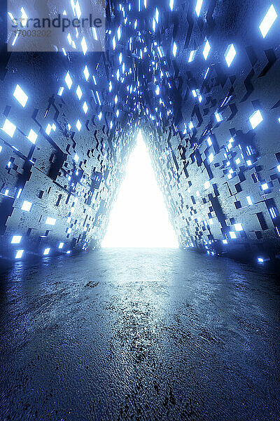 3D gerenderte Illustration eines beleuchteten offenen Tors im Tunnel