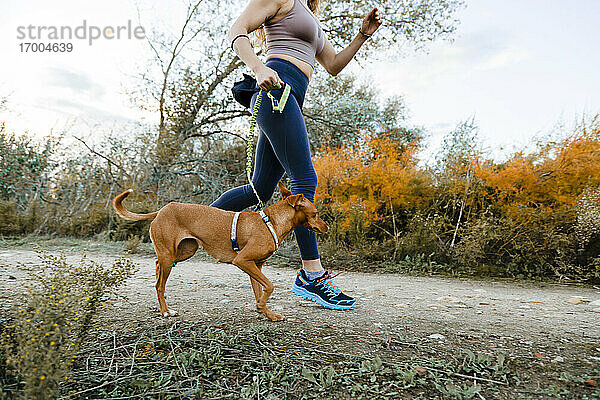 Frau läuft mit ihrem Hund im Canicross-Stil auf dem Lande