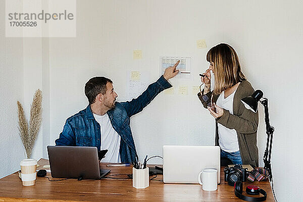 Ein Unternehmerpaar bespricht eine Geschäftsstrategie im Büro zu Hause