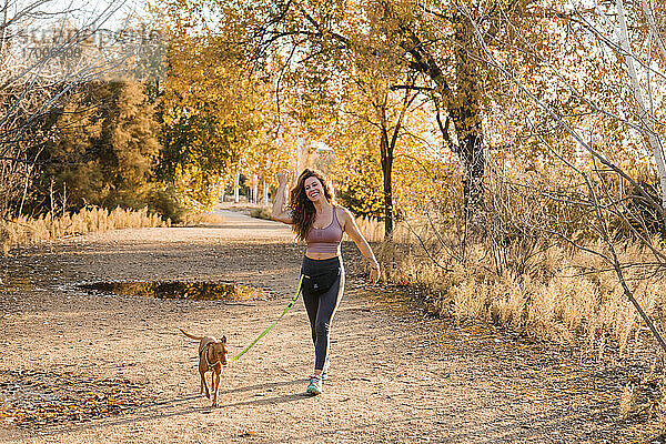 Fröhliche Frau  die mit ihrem Hund auf dem Lande an einem sonnigen Tag spazieren geht