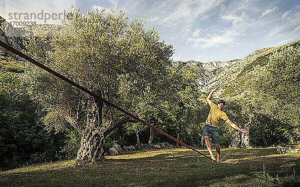 Mann läuft auf Slackline zwischen alten Olivenbäumen in Landschaft