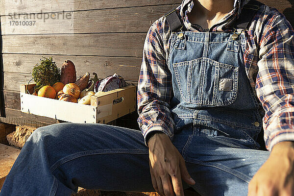 Junger Bauer mit Kiste voller Gemüse an einer Holzwand an einem sonnigen Tag