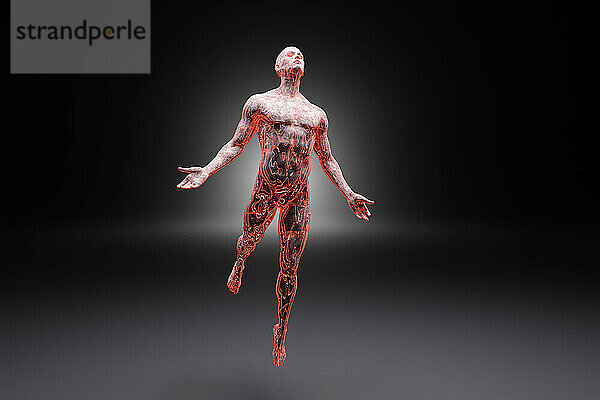 3D-Illustration der männlichen Figur aus Beton und brennende Energie schwebend gegen schwarzen Hintergrund gemacht