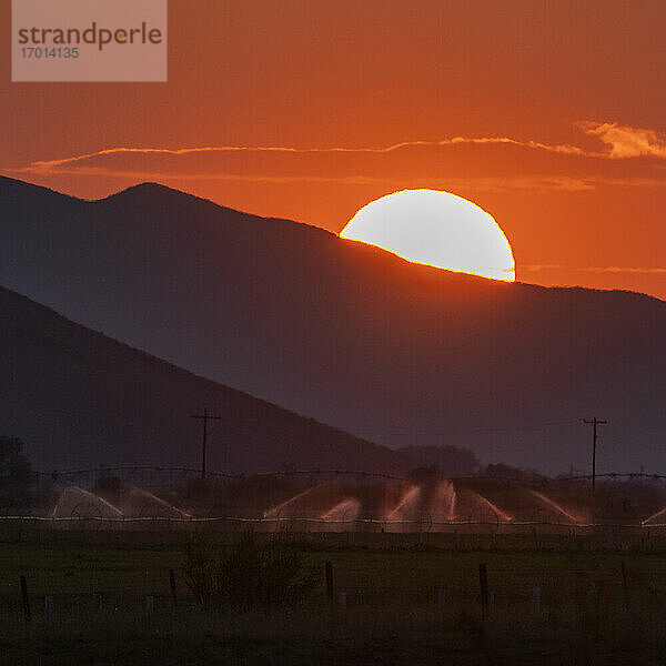 USA  Idaho  Bellevue  Bewässerungsanlage im Feld und Sonnenuntergang hinter Berg