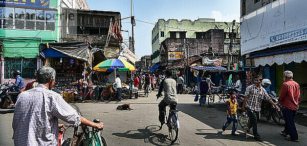 Chandannagar  Westbengalen  Indien. Ein Spaziergang über den Markt ermöglicht es Ihnen  den Lebensstil der Menschen zu entdecken  die zu Fuß  mit dem Fahrrad oder mit dem Motorrad unterwegs sind  ohne die auf der Straße schlafenden Hunde zu stören.