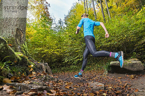 Mittelgroßer Sportler beim Trailrunning im Herbstwald am Kappelberg  Deutschland